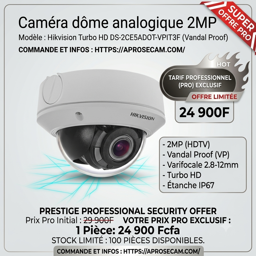 Caméra analogique 2MP  dome Hikvision Turbo HD à varifocale DS-2CE5ADOT-VPIT3F 2.8-12mm